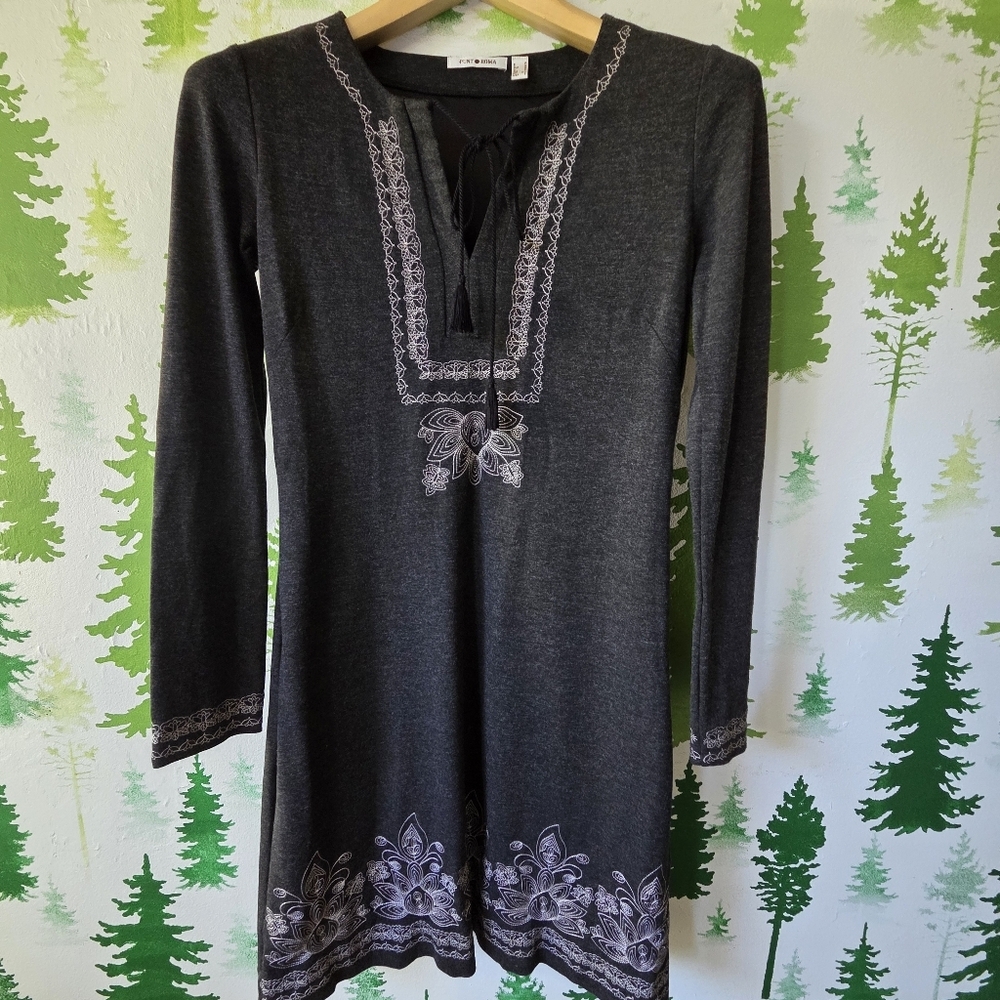 Soft Charcoal Embroidered Midi Dress with Lace Tie